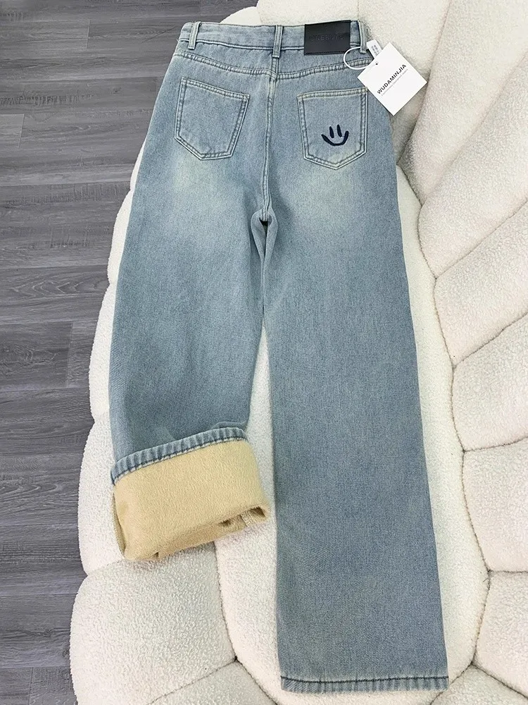 

Женские зимние модные джинсы с высокой талией, на флисовой подкладке, с вышивкой, широкие, прямого кроя, свободные, стройнящие брюки