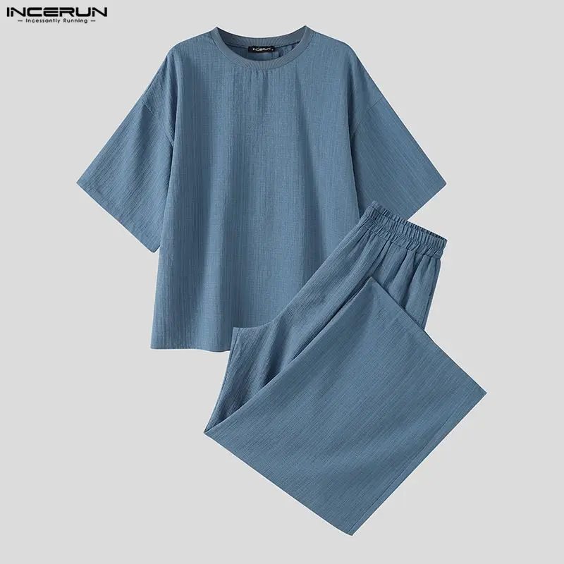 INCERUN Conjuntos Casuales para Hombre, Camiseta de Manga Corta de Color Sólido, Pantalones de Pierna Ancha, Conjuntos de Dos Piezas, Ropa de Calle, Conjuntos Holgados de Verano para Hombre