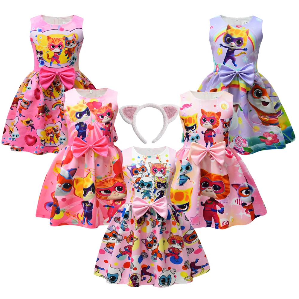 SuperKitties Kids Summer superhero Dress neonate Cute Bow Princess Dress Toddler Girls Birthday Party Dresses con copricapo