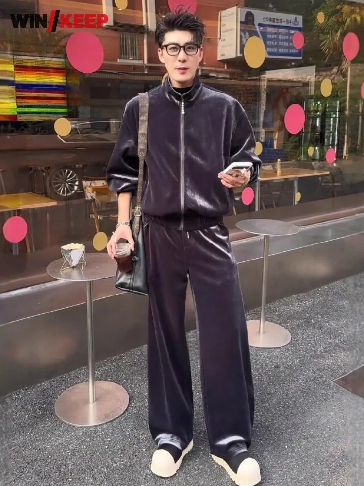 

Мужской осенне-зимний спортивный костюм свободного кроя: толстовка с круглым вырезом и брюки для бега и фитнеса, комплект из двух предметов