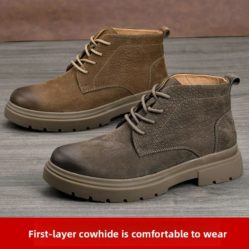 

Men's Genuine Leather Ankle Boots 2026 New Platform Boots Thick Sole Non-slip Casual Work Shoes Comfortable Short Boots for Men