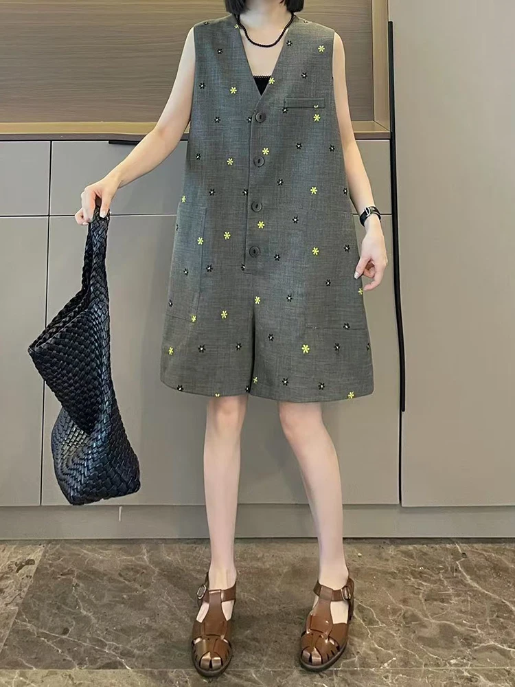 ay Contrast Stitch ort One-Piece Pants Women's Summer 2025 New Small Size Vest Jumpsuit High Waist Wide Leg ort Pants