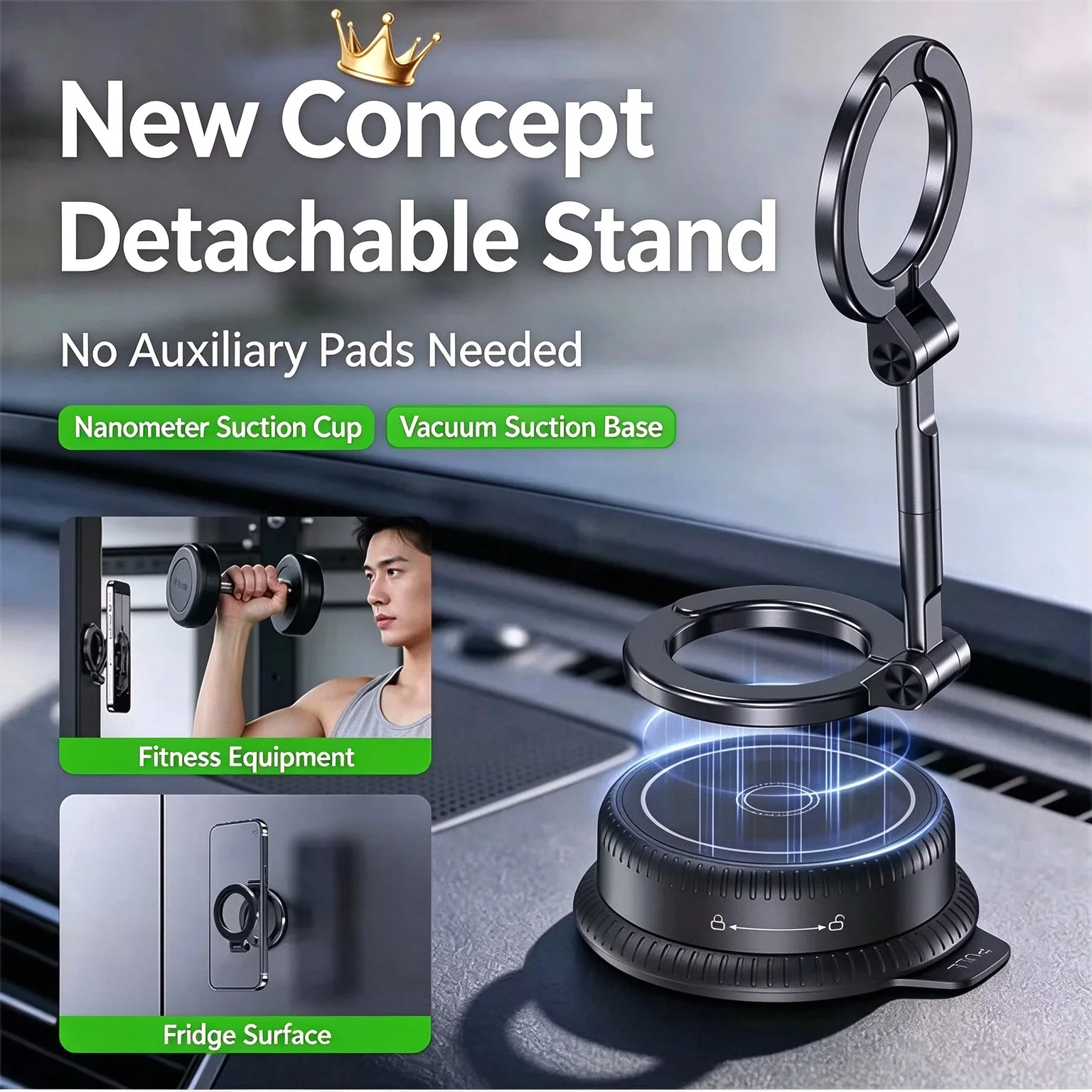 NEW Magnetics Phone Mount with Detachable Suction Cup Zinc Alloy 360° Rotatable Dashboard & Windshield Car Phone Holder Stand