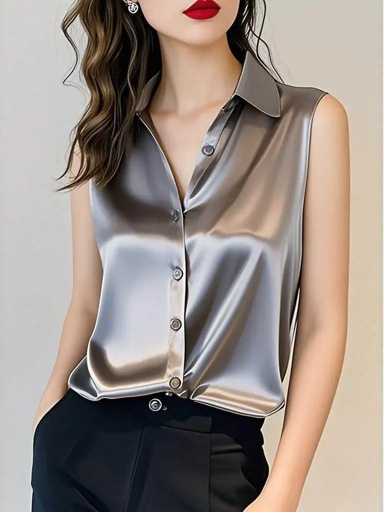 

Ele ey Silk Acetate Satin Blouse Women's Svel Profional irt Summer 2025 Korean Sle Loose Fit Collar