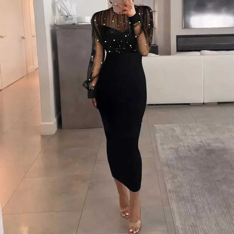 Ele Gentle Sle Long Sve Me เลื่อม Splice Bodycon Dr ผู้หญิงเซ็กซี่ Midi Dr ผ้าโพลีเอสเตอร์ All Seasons Wear