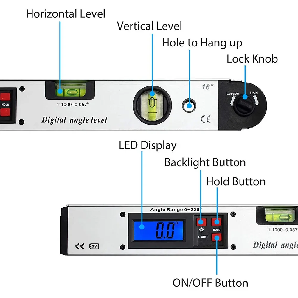 Pencari Sudut Digital 400mm/16 inci 0-225 °   Protractor Spirit Level dengan Level Bubble |   Alat Ukur Presisi untuk Pertukangan Kayu, Konstruksi