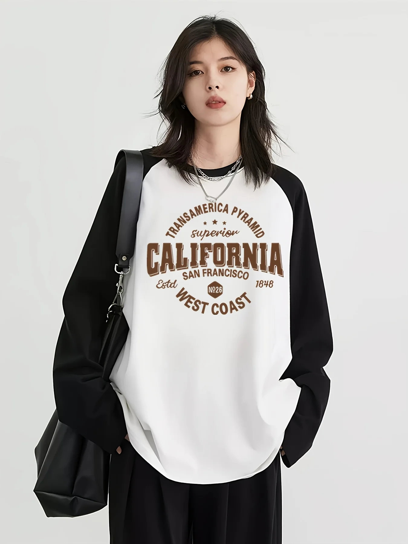 Y2K Raglan Long Sleeve Women's Casual T-Shirt Individual English Pattern Print Round Neck Tops for Daily Wear Clothes Female