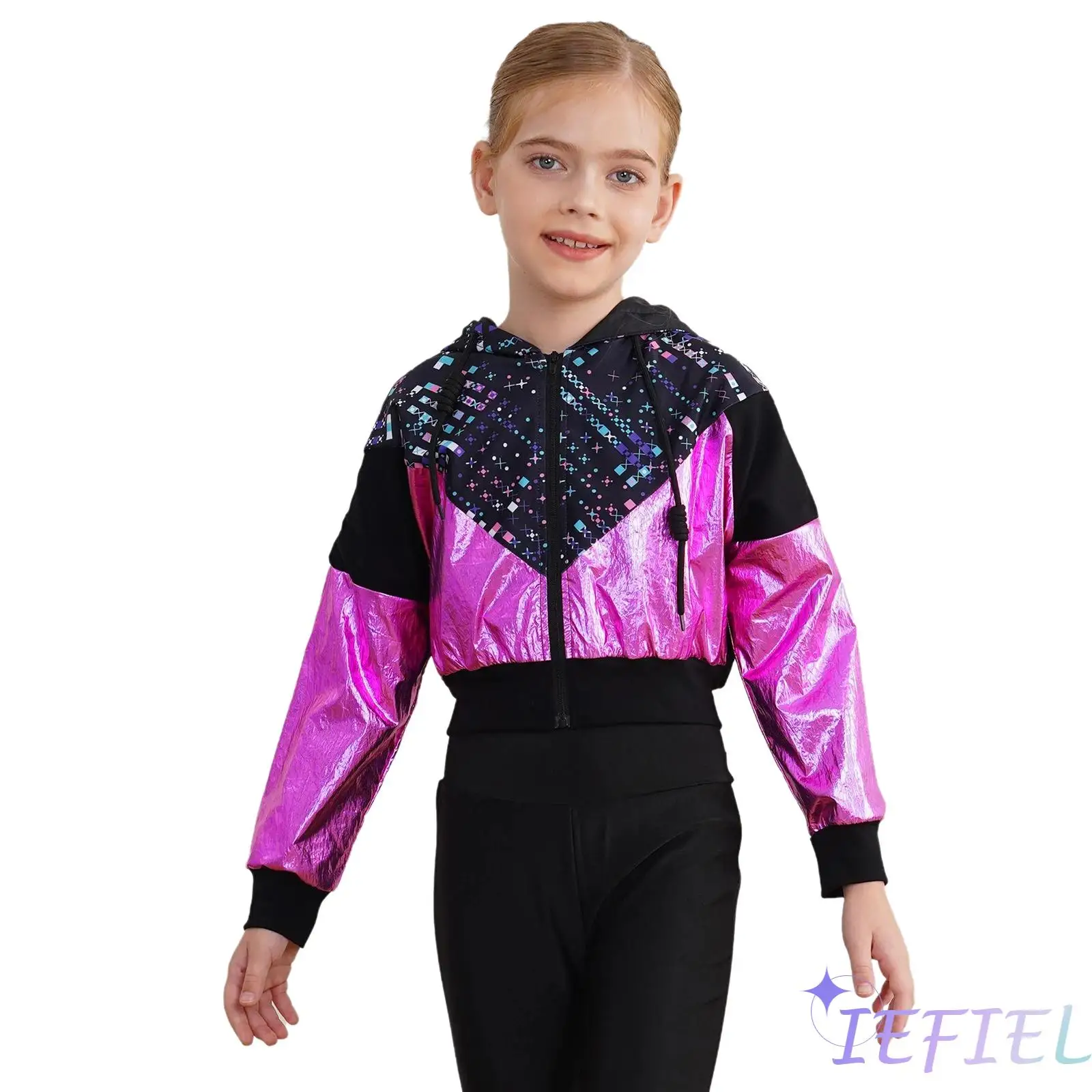 الفتيات مقنعين سحاب أكمام طويلة الهيب هوب ديسكو سترة الأزياء طباعة سترة قصيرة عارضة معطف الرقص ملابس خارجية لقاعة الرقص المرحلة