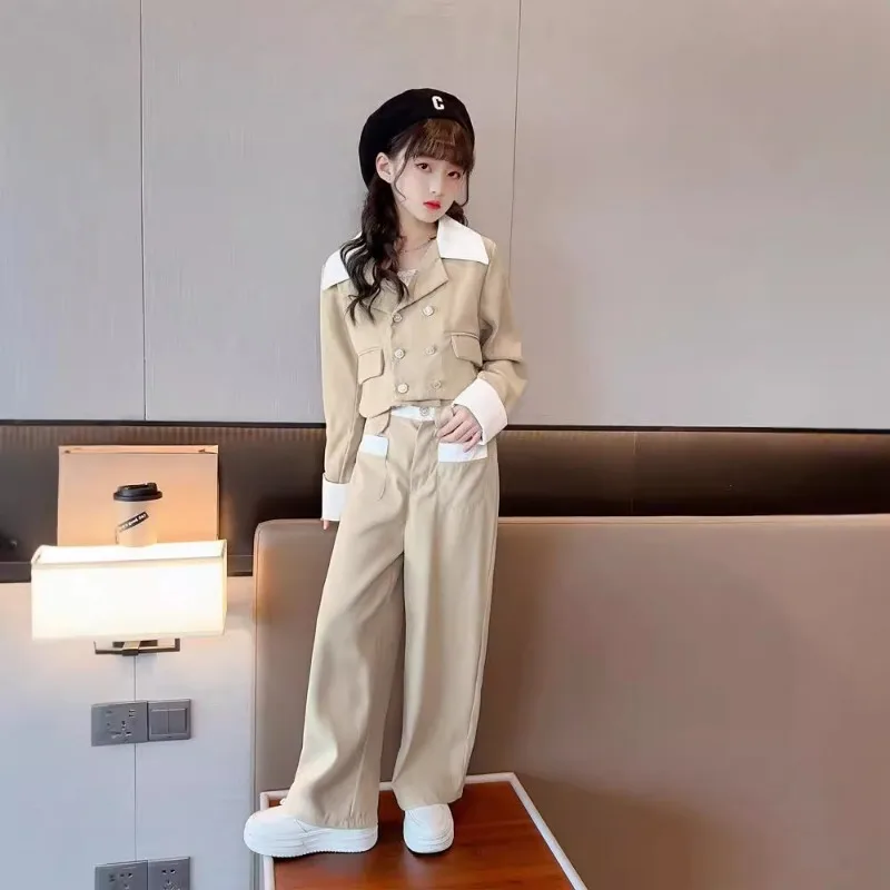 

Kid Outfits 2024 New Fashion Girls Suit Short Blazer Jacket baggy Pants Set Khaki Patchwork Two Pieces Teens Children Clothing