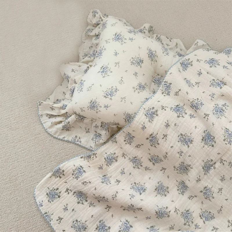 大きなサイズのコットンモスリン幼児用ブランケット-女の子用-ブルーの花柄デザイン-柔らかく快適な子供用ブランケット