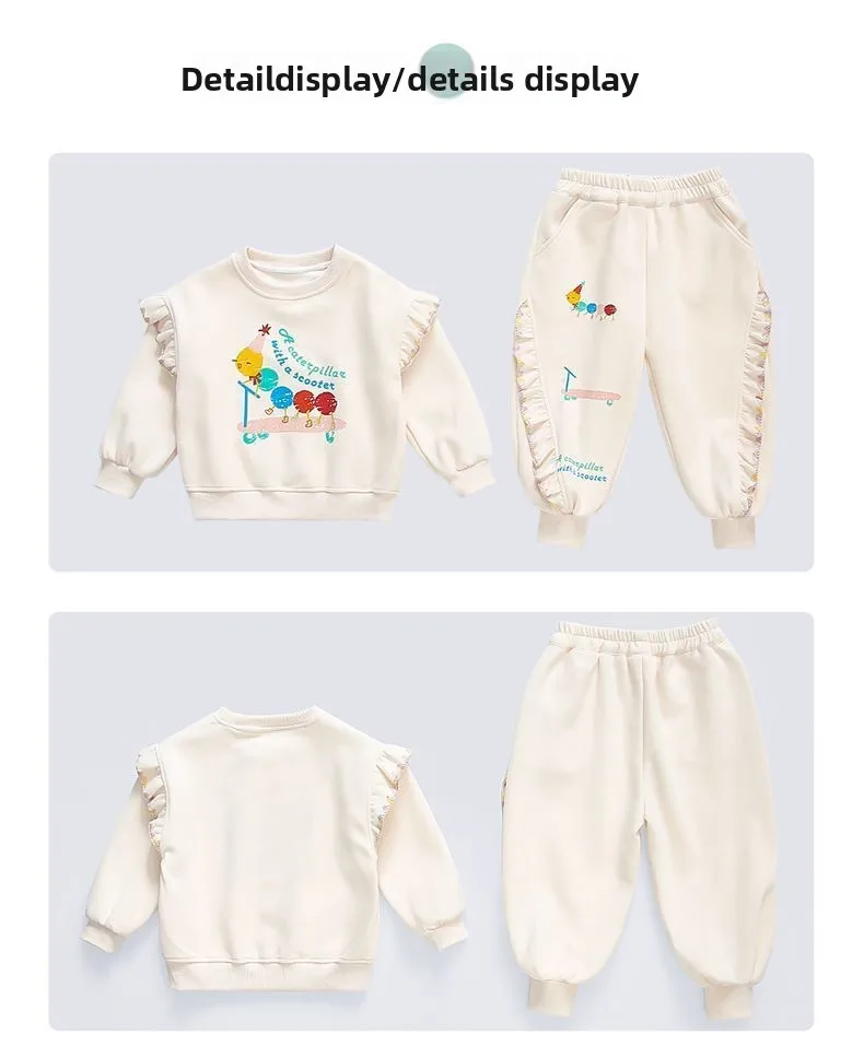 1-8 Jahre Kinder Mädchen Beige Hosen-Sets Cartoon-Muster Langarm Lose Geraffte Pullover-Hoodies + Elastische Taille Weite Hosen 2-teilige Sets – Detail 20