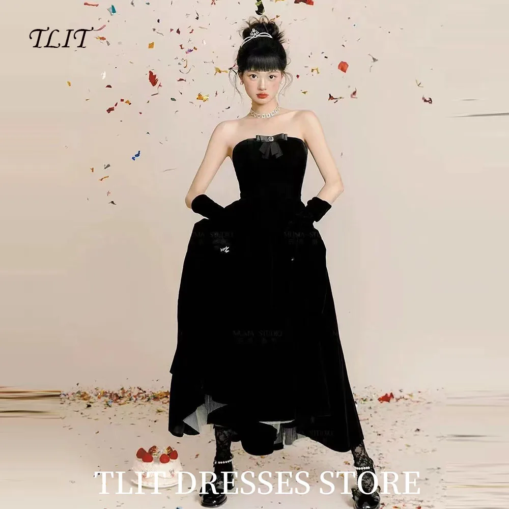 

TLIT Lovely Black Satin Bow Evening Dresses Strapless Black Gloves Prom Gowns Korea Wedding Dresses Photo Shoot Customized