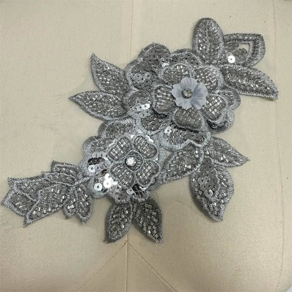 Shiny Rhinestone Sequin Beaded Flower Applique  Embroidery Patch