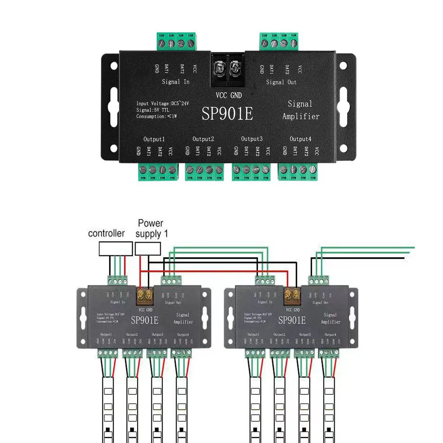 

SP901E SPI Signal Amplifier for WS2811 WS2812B WS2813 Pixel RGB LED Strips Signal Repeater Addressable Dream Color Tape DC5-24V