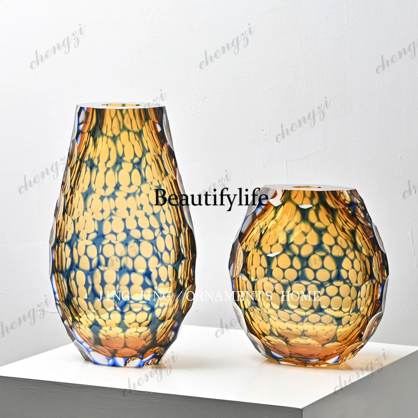 Advanced Art Amber Gold Handmade Crystal Glazed Vase Living Room Coffee Table Decorative Vase