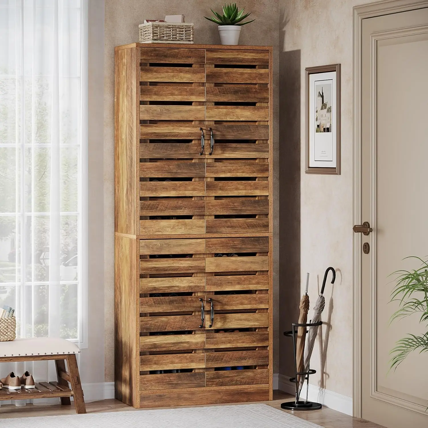 

70.8"" Tall Shoe Cabinet With Shutter Doors, 9-Tier 27 Pairs Shoe Cabinet, Rustic Brown Vertical Shoe Storage Cabinet With