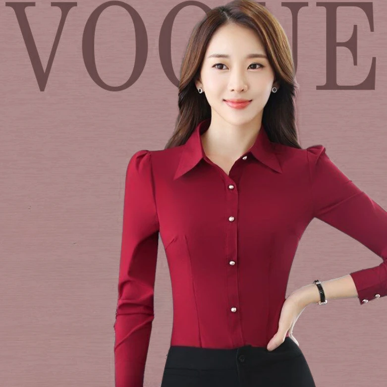 Red Women\'s Shirt Long Sleeve Blouse Autumn Women Shirts and Blouses Korean Fashion Slim Business Dress Shirt Women\'s Work Shirt