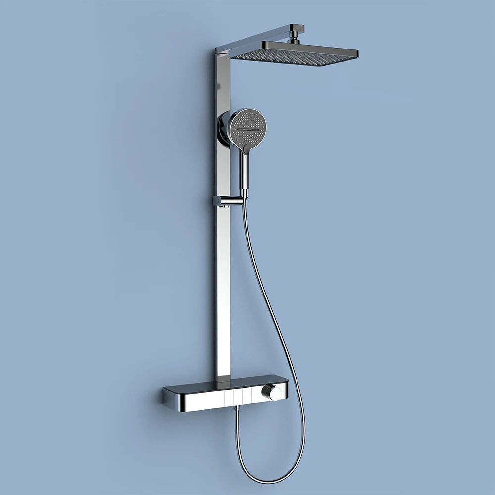 SKOWLL Luxury Exposed Shower System, Dual Function Rain & Handheld Shower Head, 3-Mode Button Control Modern Bathroom Fixtures