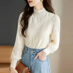 Women's Korean Fashion Hollow Lace Half High Collar Basic T-shirts Autumn Winter Female Elegant Chic Solid Long Sleeve Slim Tops