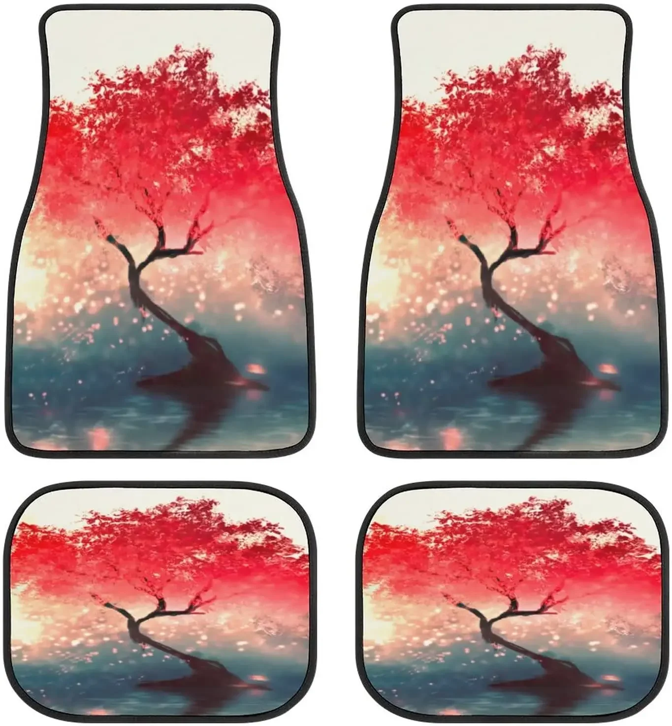 Chinese Style Moon Tree Painting Pattern Art Car Mats Front&Rear 4-Piece Full Set Carpet Car SUV Truck Floor Mats with Non Slip