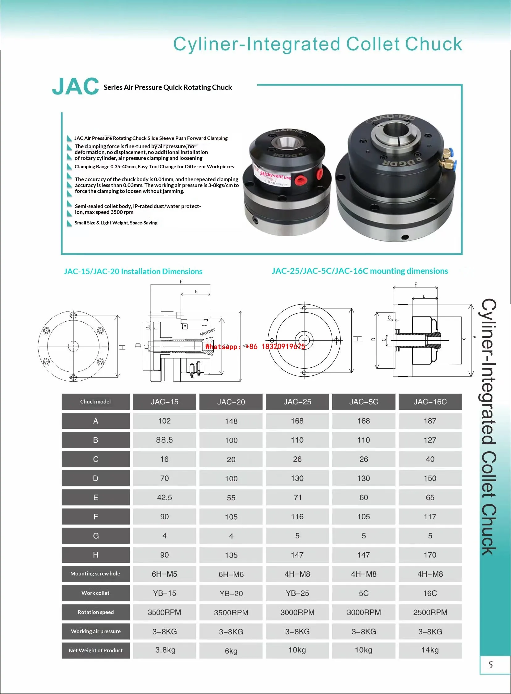 Cyclmotion CNC H-Precision Pneumatic Rotary Chuck – Automated Hollow Front-Mount Pneumatic Chuck (JAC-20, 20mm Through-Hole)
