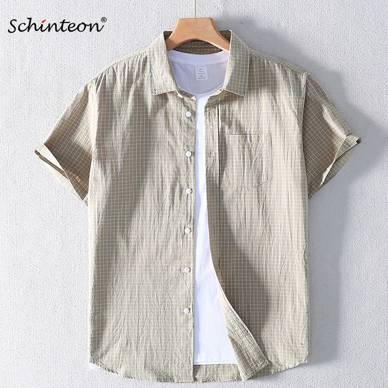 

Schinteon Men 100% Cotton Shirt Short sleeved Casual Thin Plaid Comfortable Shirt Turn-down Collar 2026 Spring Summer Slim Top
