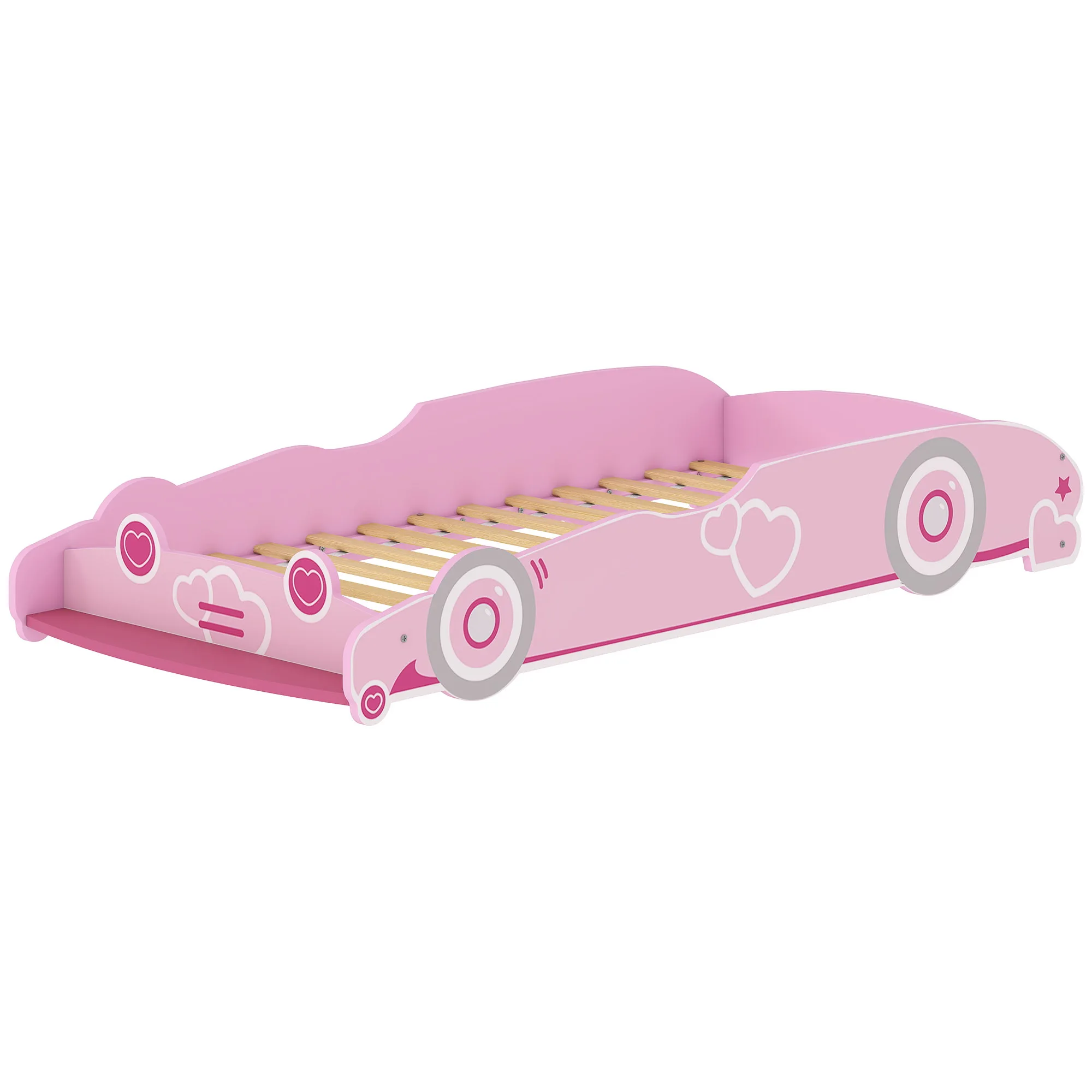 Letto per bambini Aiyaplay 70X140 cm con barriera anticaduta e base per testiera rosa a forma di auto
