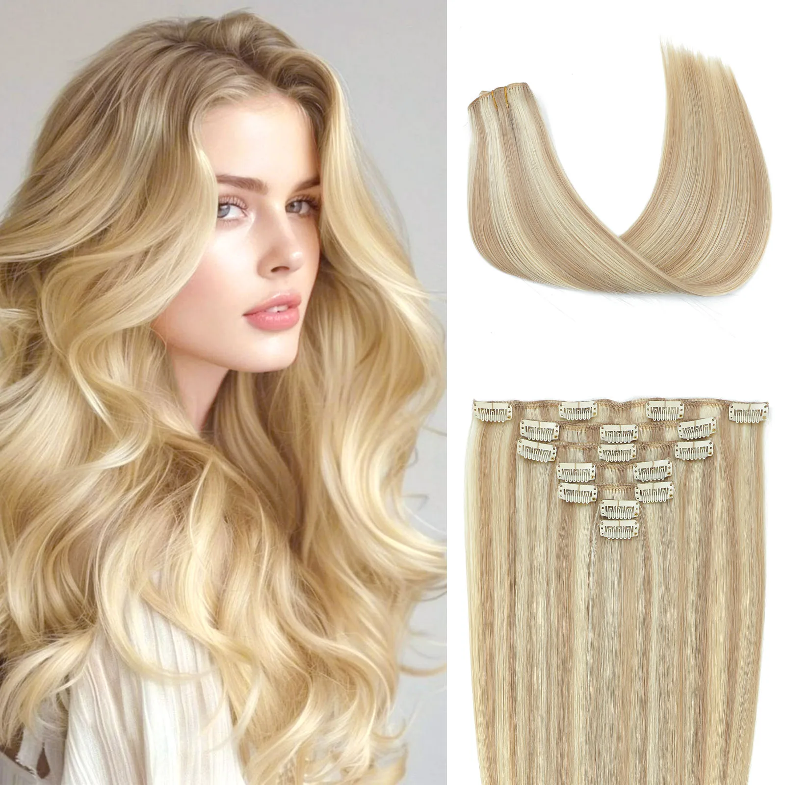

P18/60# Double Drawn Clip in Human Hair Extensions 120g, Remy Hair Cuticle-Aligned No Tangle, 12+ Month with Proper Care