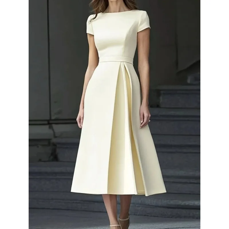 Vestido Formal Plisado para Mujer, Primavera-Verano 2026, Color Albaricoque, Manga Corta, Cintura Alta, Elegante, para Invitadas de Boda, Modelo 197365