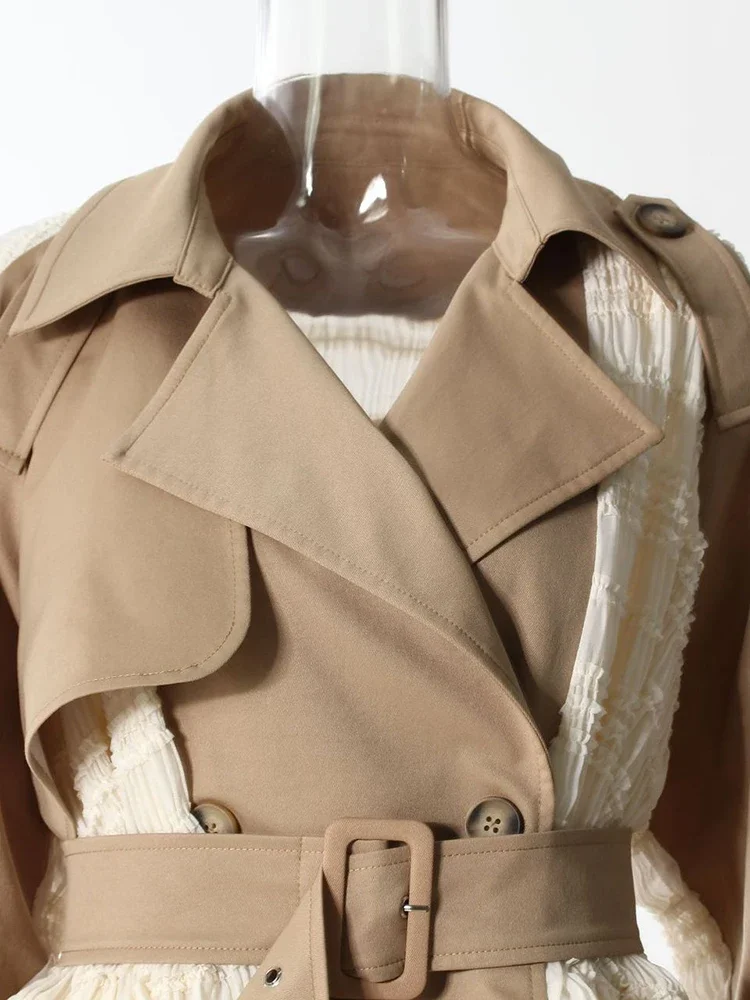 New Lapel Long Sleeve Windbreaker Fashion Tide Spring Autumn 2026  Women Khaki Lace Ruffles Big Size Long Trench