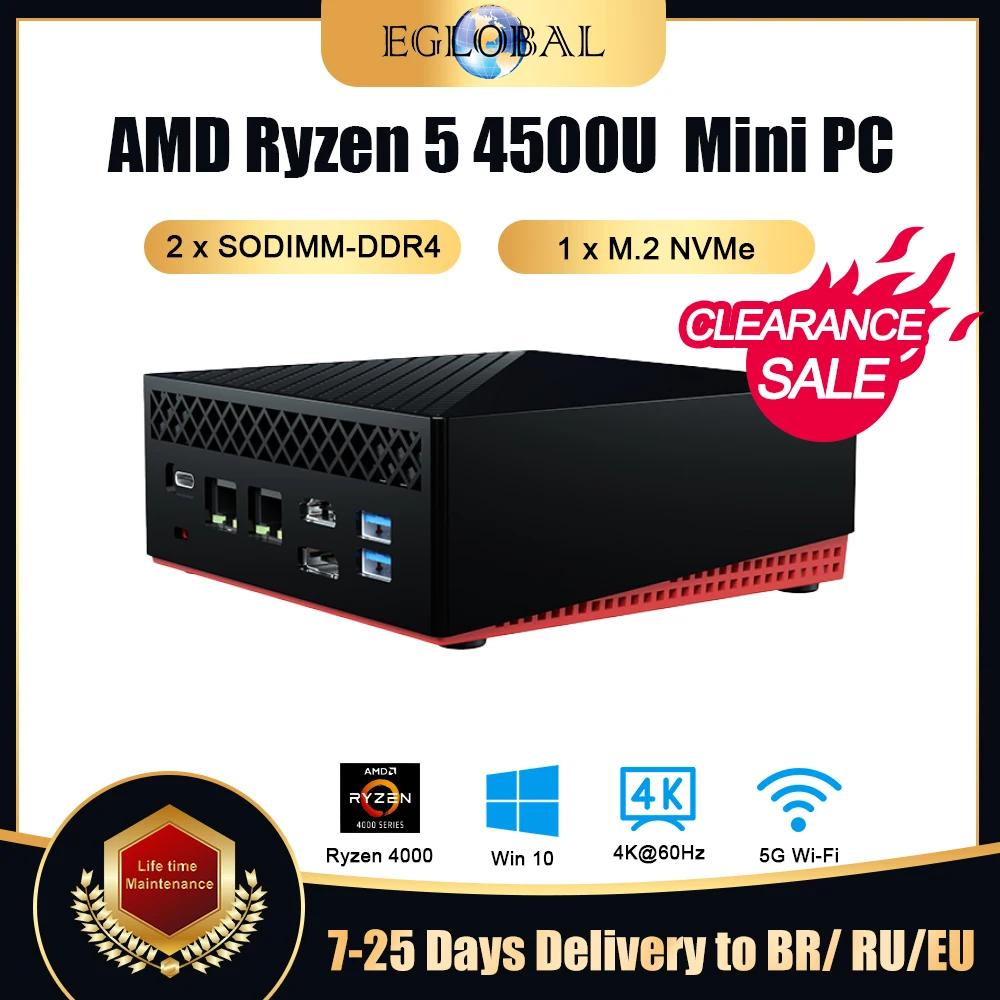 

Eglobal AMD Ryzen 5 4500U Desktop Gaming Computer 4K Radeon Windows 11 TPM2.0 2*LAN 2*DDR4 Max 64GB M.2 PCIE Mini PC AX200