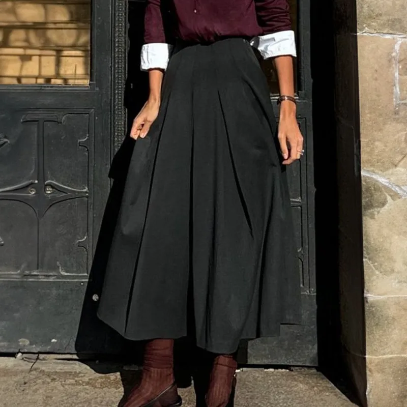 

Женская плиссированная юбка миди с высокой талией, однотонная, А-силуэт, повседневная, длинная, расклешенная