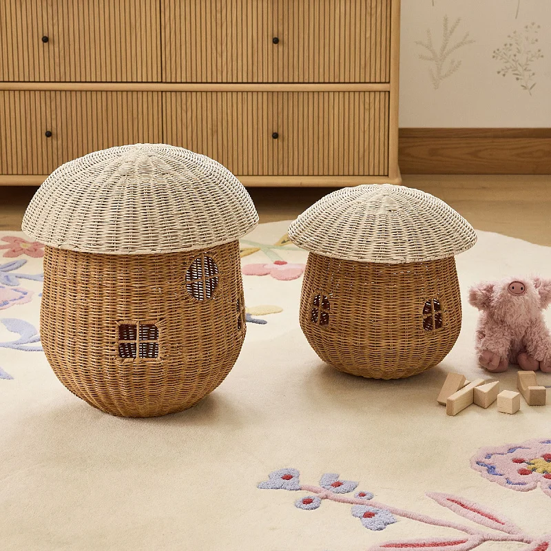 Scandinavian Mushroom Basket Handwoven Rattan Storage Bin for Kids' Toys Chic Plush Animal Organizer BedRoom Decorative Hamper