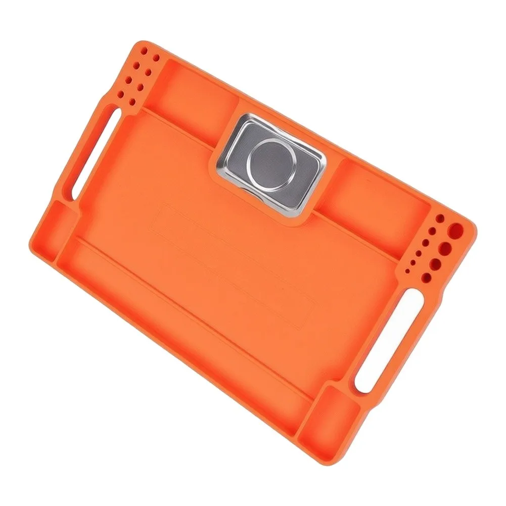 Flexible Silicone Tool Tray Featuring Stainless Steel Base for Secure Non Slip Placement During Use in Any Working Environment