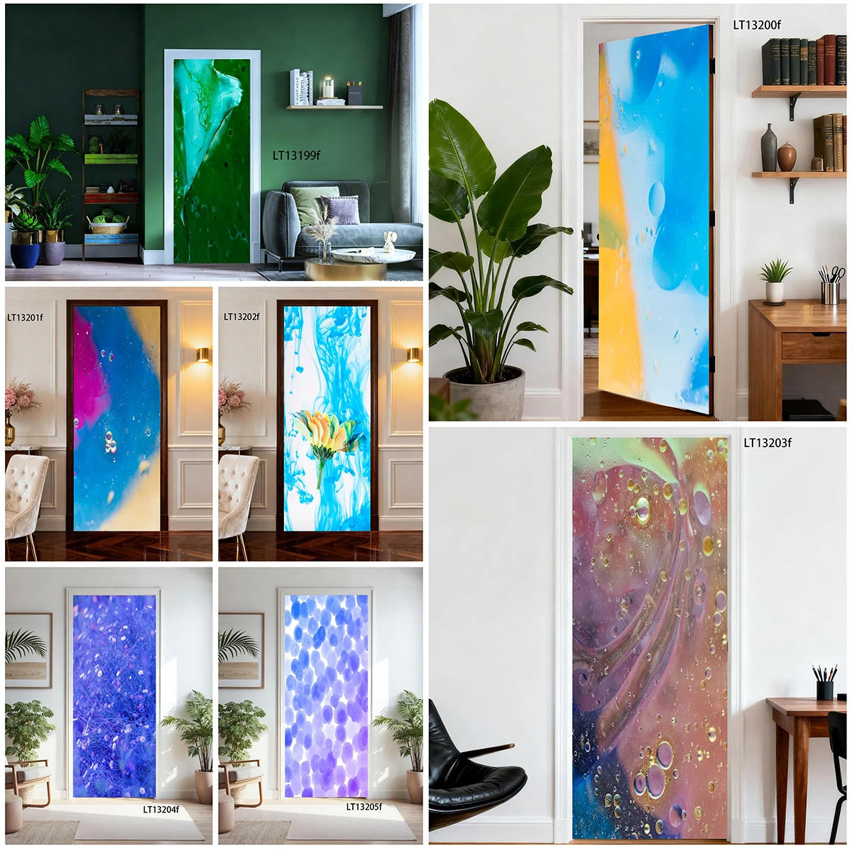 Peel&Stick Vinyl Door Decal Kawaii Cartoon Monster Frog Color Bubble Abstract Mural Waterproof Door Wrap Children DIY Wall Decor