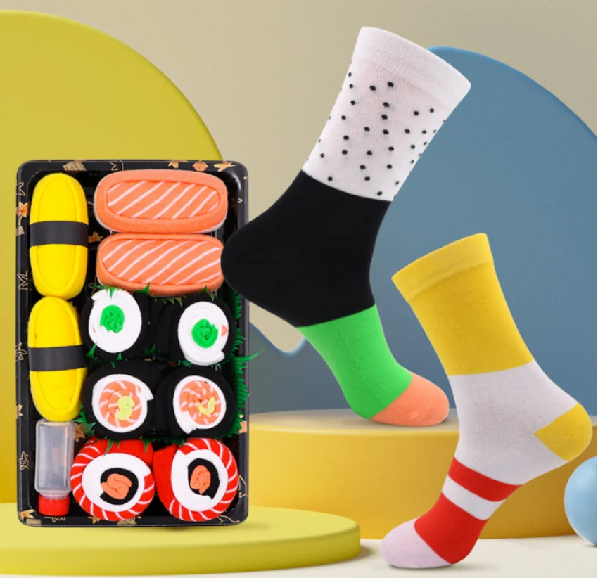 Calcetines de algodón con dibujos animados para hombre y mujer, medias deportivas con diseño creativo de Sushi Gourmet, baloncesto salvaje, caja de regalo