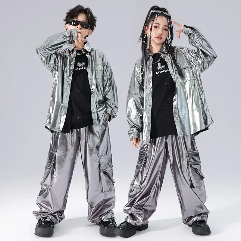 Children Boys Girls Fashion Show Silver Long Sleeve Loose Casual Shirt Cargo Pant Sets Stage Dance Performance Clothes Suits