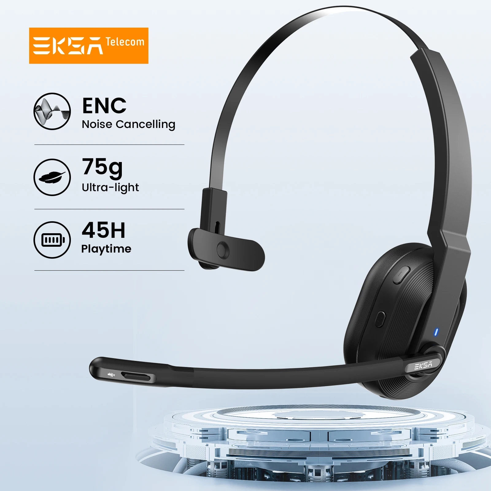 EKSA-H5 SE Bluetooth 5.0 Office Headset Wireless Headphones With ENC Noise Cancelling Mic For Driver Call Center 45h Playtime