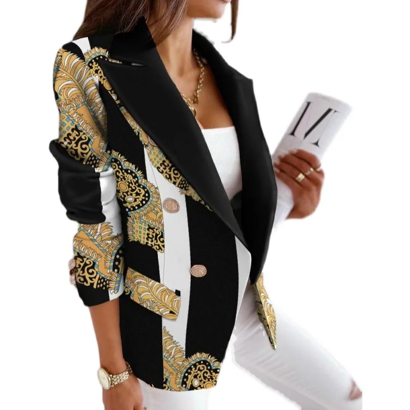 

Faionable Long Sve Double Breasted Print Suit Jaet Women's Autumn Winter New Sle Independent Station Small Outerwear