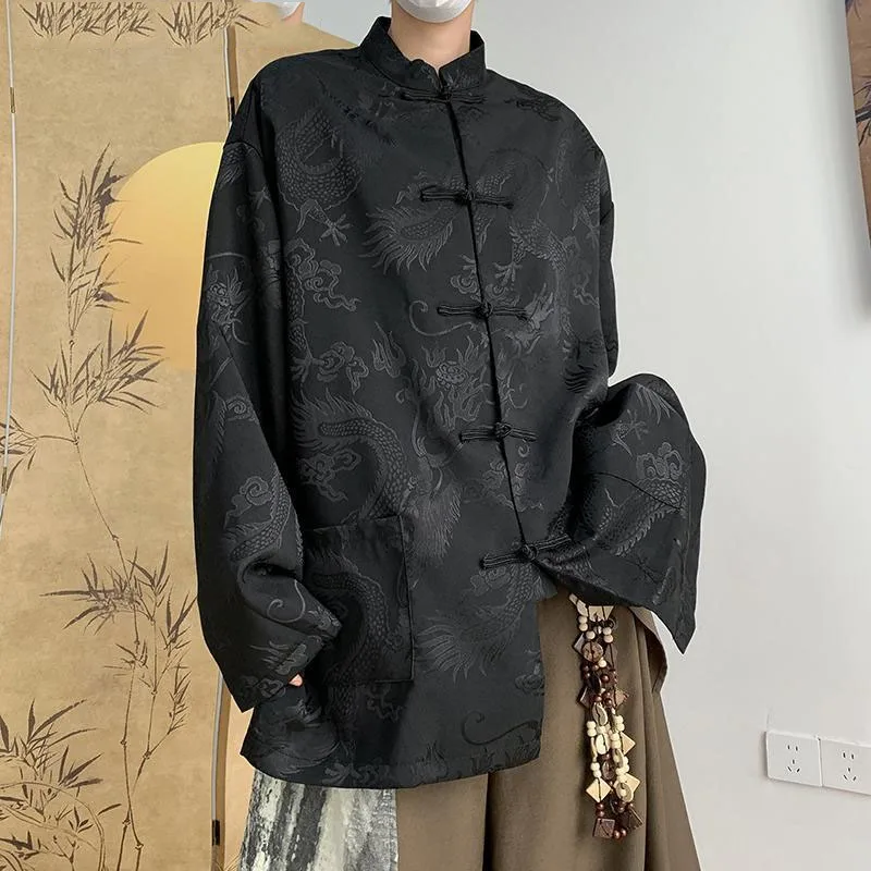 Chinese Vintage Tangzhuang Men Satin Jacquard Dragon Pattern Long Sleeve Shirt Mandarin Frog Button Traditional Costume