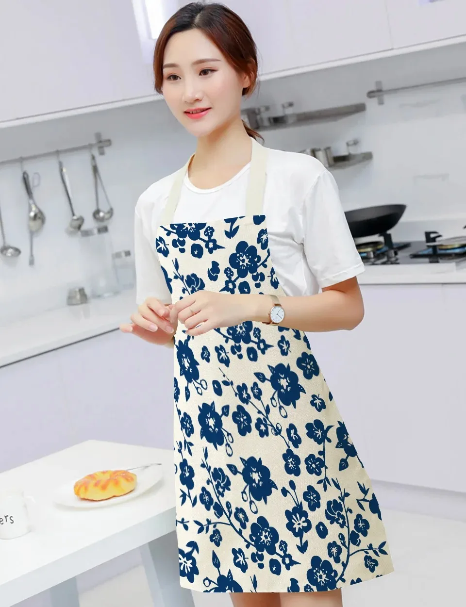 55x68cm Cotton and Linen Apron Blue Porcelain Cooking Sleeveless Bib Anti-greasy Kitchen Mandala Supplies Chef Aprons