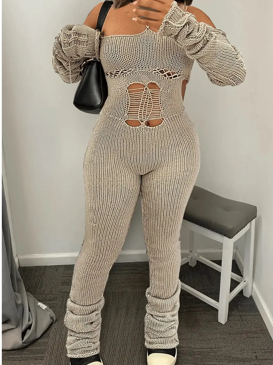 

LW Solid Sexy Backless Bodycon Jumpsuit Women 2023 Autumn Casual Bandage Design Bodysuit Lace Up Halter Backless Knitted Romper