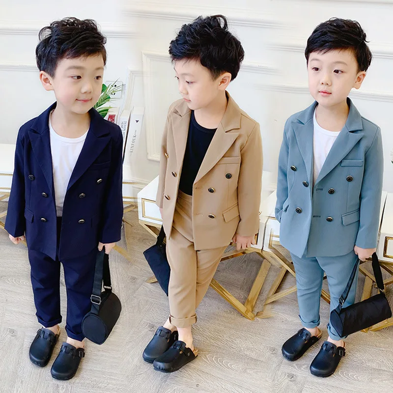 

Spring Autumn Boys Double Breasted Suit Set Children Fashion Blazer + Pants 2pcs Outfit Kids Party Host Birthday Dress Costume