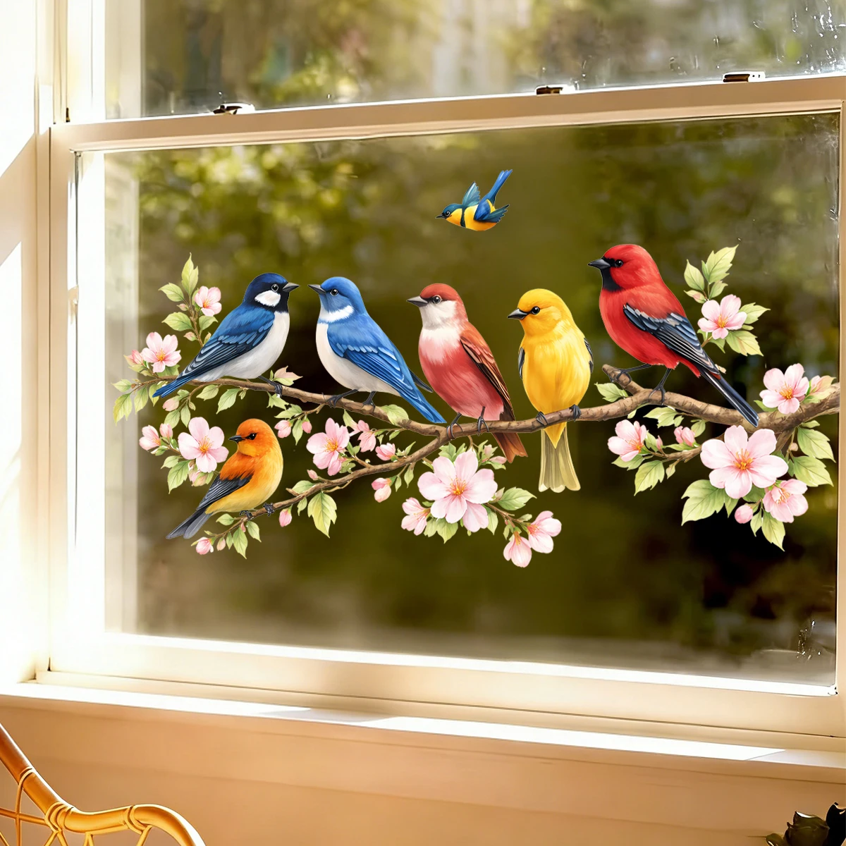 Pegatinas de Ventana con Aves y Flores de Cerezo en Acuarela, Adhesivos Estáticos, Calcomanías Florales Coloridas con Aves para Hogar y Oficina, Decoración Primaveral para el Hogar