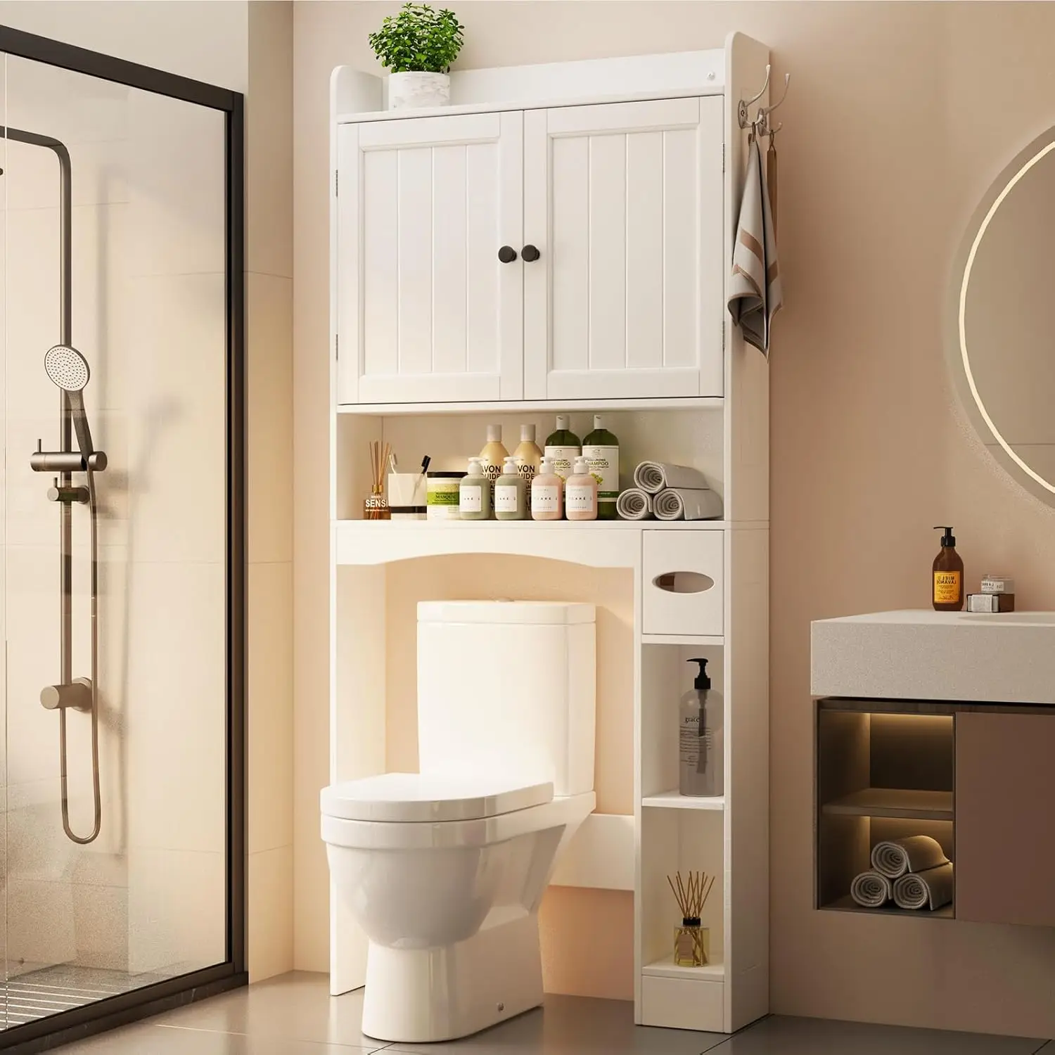 

Over The Toilet Storage Cabinet, 32.3" W Over Toilet Bathroom Organizer with Doors, Adjustable Shelves, Toilet, Customized