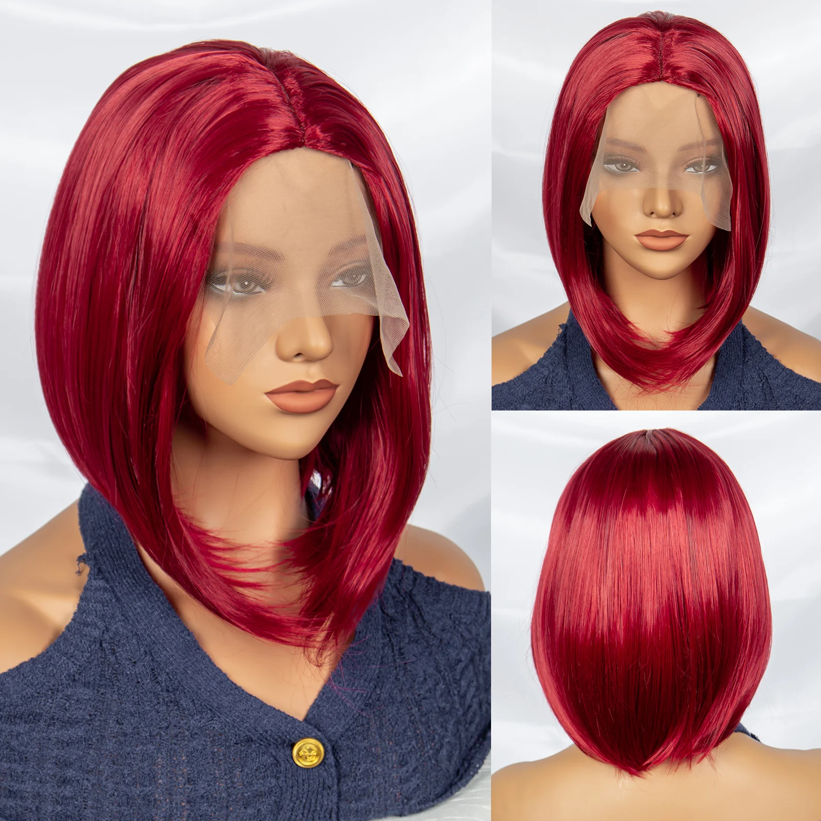 

12 Inches Synthetic Straight Short Hair Wig Machine Made Red Straight Hair Bob Wig Wine Red Fiber Hair Wig For Women