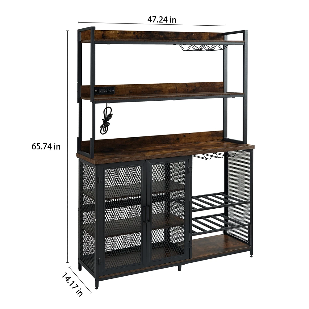 Coffee Bar Cabinet With Power Outlet, Industrial Buffet Cabinet With LED Strip And Glass Holder, 3-Tiers Wine Cabinet Bar