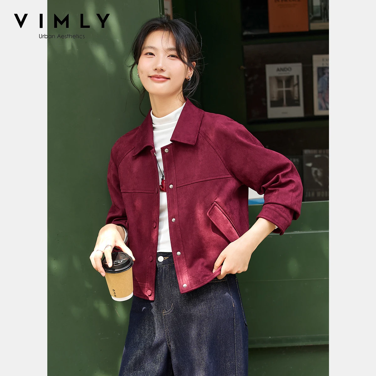 

VIMLY Women's Red Jacket Autumn 2025 Vintage Long Sleeve Turn-down Neck Ladies Coat Fashion Straight Pocket Female Jackets A2230