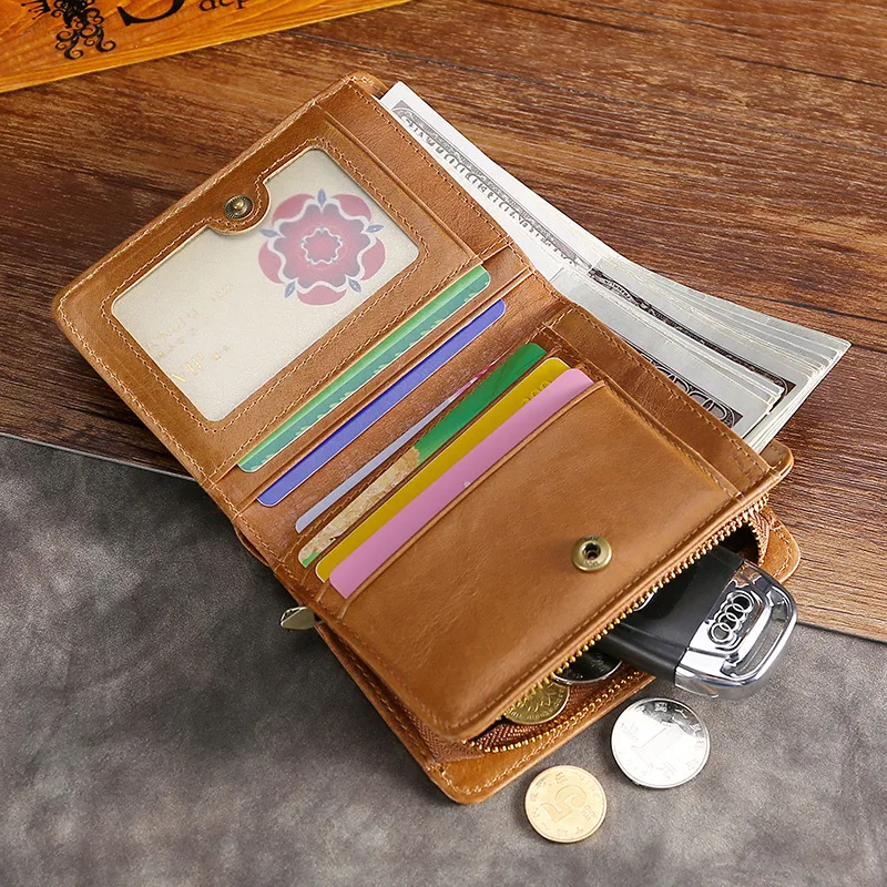 Oil wax leather men's short wallet, zipper pocket, coin purse, multi-functional business wallet, RFID multi-position