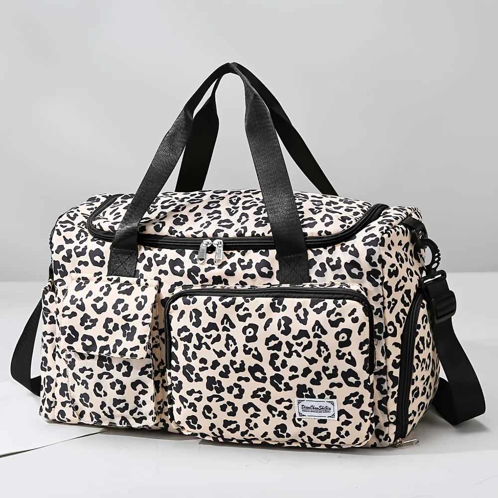 Large-Capacity Leopard Print Travel Duffel Bag – Features Multiple Compartments, a Dedicated Shoe Compartment, and a Spacious Design Suitable for Overnight Trips or Carry-On Use. A Durable Nylon Casual Sports/Gym Bag for Women—Ideal for the Gym, Travel, a - view 3